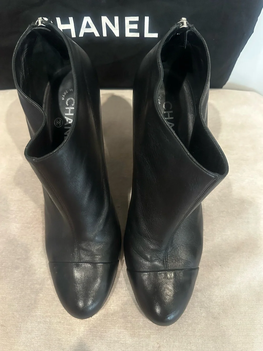 CHANEL Black Leather Ankle Booties